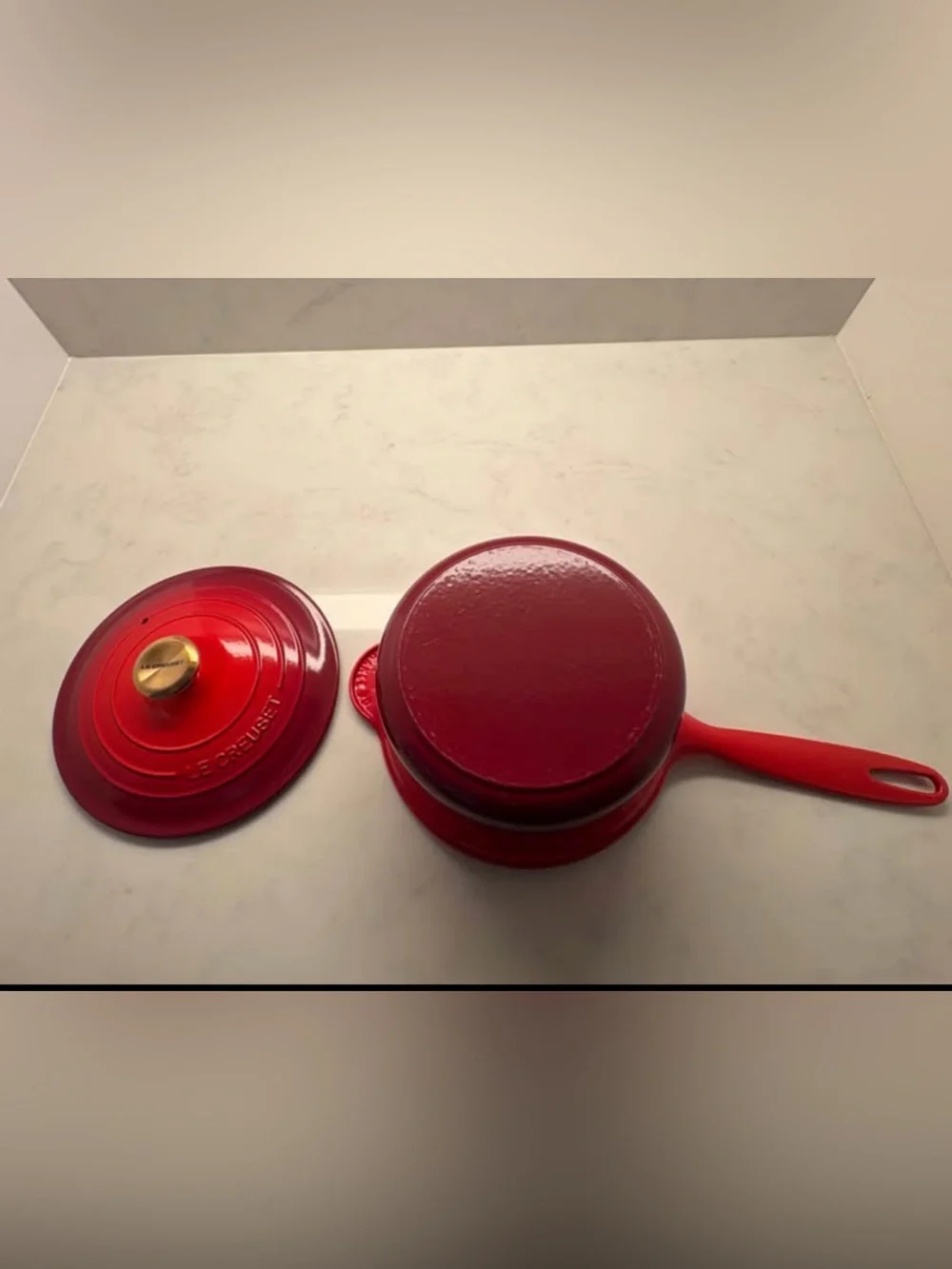 Le Creuset Red Signature Sauce Pan 2.25 quart with custom gold knob
